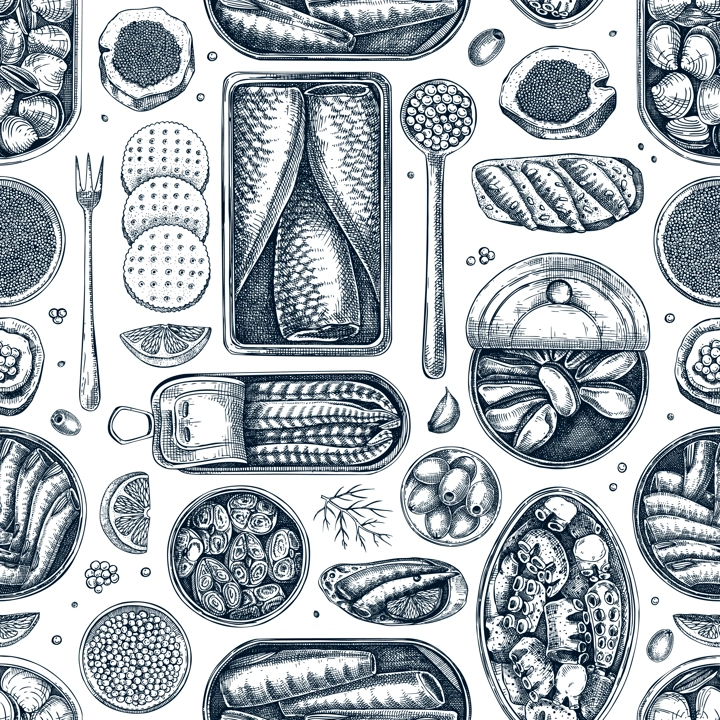Seafood background. Hand-drawn tinned fish seamless pattern. Sardines, anchovy, mackerel, tuna, mussels in tin cans, fish canapes, olives, crackers sketches. For packaging, print, textile